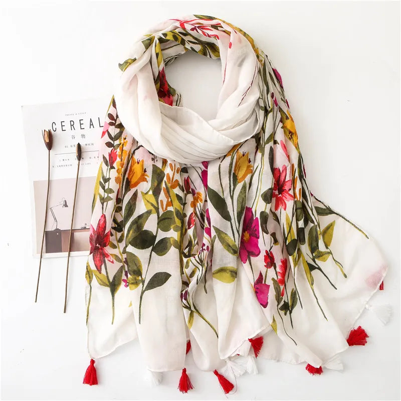 Luxury Brand Cotton Scarf Women Large Shawls Design Hijab Echarpe Print Tassel Scarves Lady Beach Stole Muffler Foulard Pareo