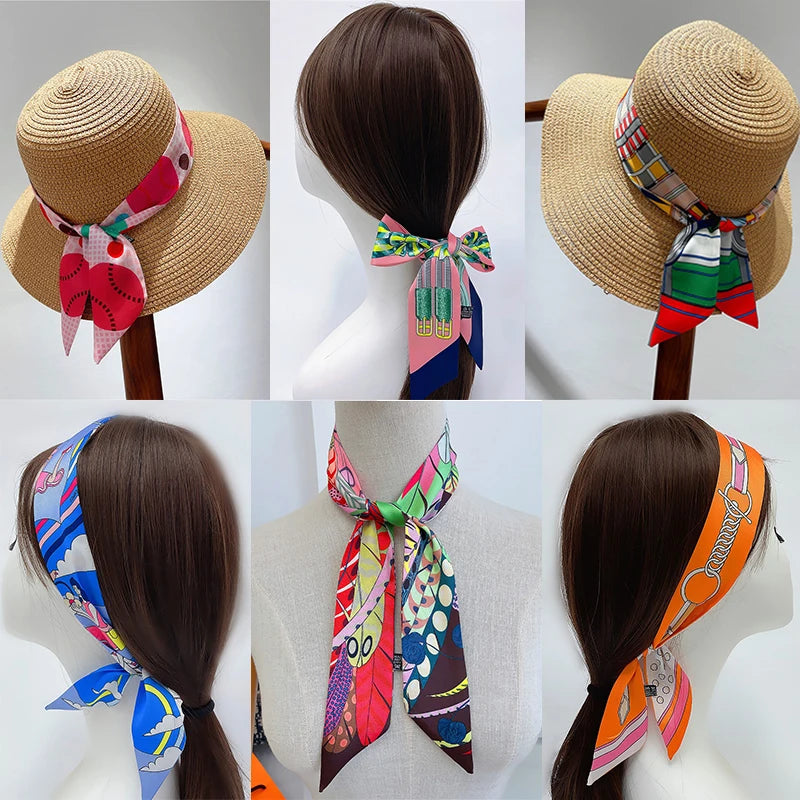 Luxury Silk Skinny Scarf 2021 Fashion Bag Handle Ribbon Ladies Horse Print Headband Small Hair Scarves Band Female