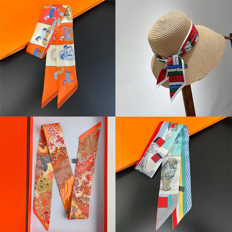 Luxury Silk Skinny Scarf 2021 Fashion Bag Handle Ribbon Ladies Horse Print Headband Small Hair Scarves Band Female