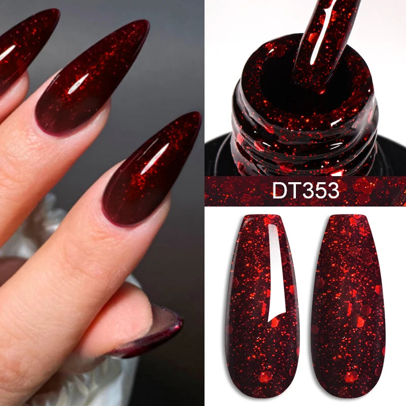 MEET ACROSS 7ml Red Gel Nail Polish Crystal Semi Permanent Soak Off UV Gel Varnish Nail Art Manicure Base Matte Top Coat Vernis