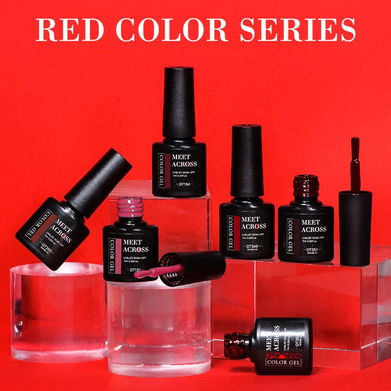 MEET ACROSS 7ml Red Gel Nail Polish Crystal Semi Permanent Soak Off UV Gel Varnish Nail Art Manicure Base Matte Top Coat Vernis