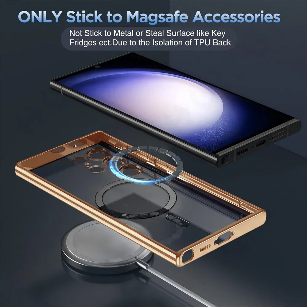 Magsafe Case For Samsung S24 S23 S22 S21 Ultra Plus Note 20 10 Clear Silicone Full Camera Crystal Magnetic Car Cover Protection