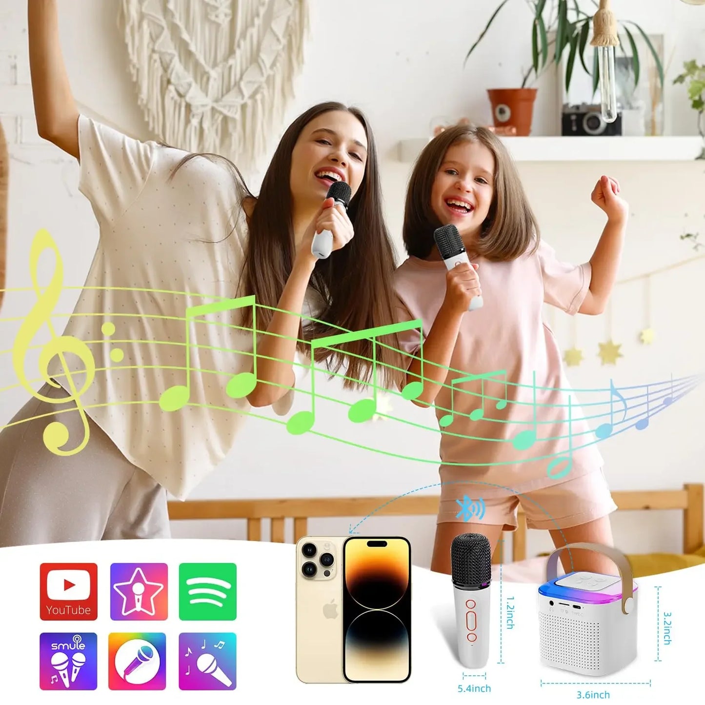 Microphone Karaoke Machine Portable Bluetooth 5.3 PA Speaker System with 1-2 Wireless Microphones Home Family Singing Machine