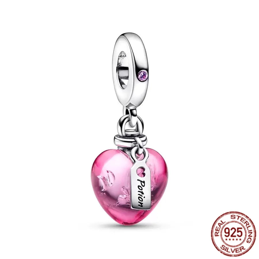 NEW Authentic 925 Sterling Silver Pink Original Charm Love Potion Murano Glass Heart Dangle Beads Fit Pandora Bracelet Jewelry