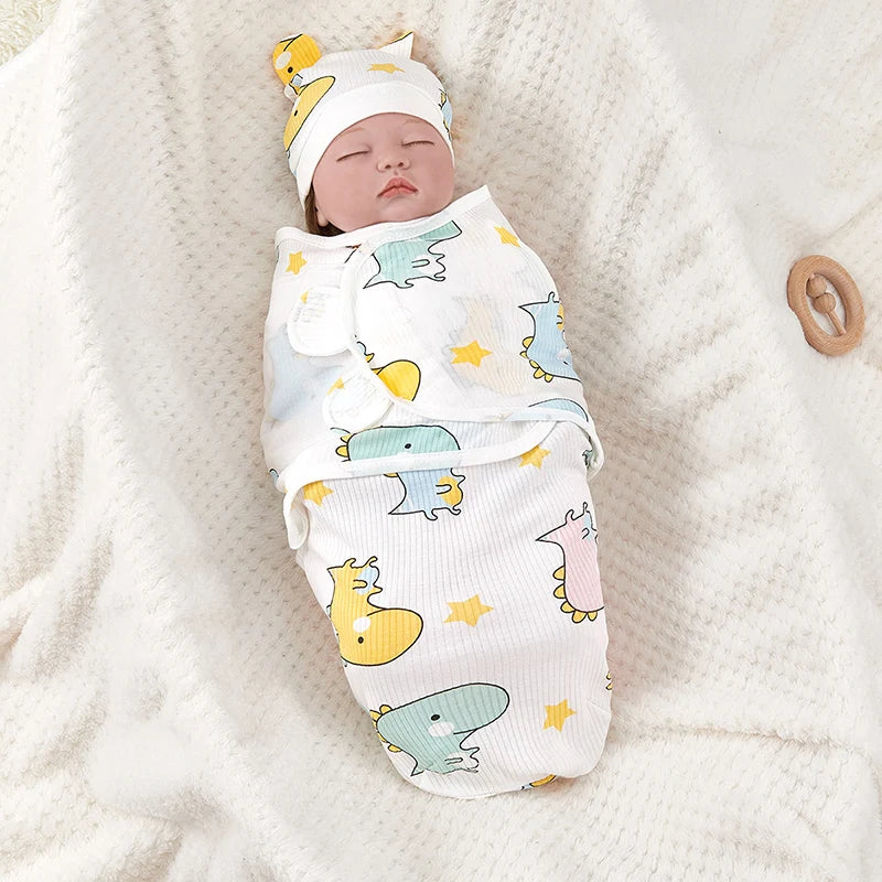 Newborn Sleeping Bag Cotton Baby Swaddle Wrap Adjustable Newborn Sleepsack Hat Set Anti-kick Swaddle Warm Soft Blanket