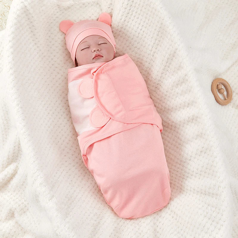 Newborn Sleeping Bag Cotton Baby Swaddle Wrap Adjustable Newborn Sleepsack Hat Set Anti-kick Swaddle Warm Soft Blanket