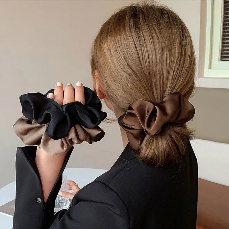 Newest Korean Woman Big Elegant Silk Elastics Hair Band Solid Color Scrunchies Hair Ties Ladies Ponytail Hold Hair Accessories