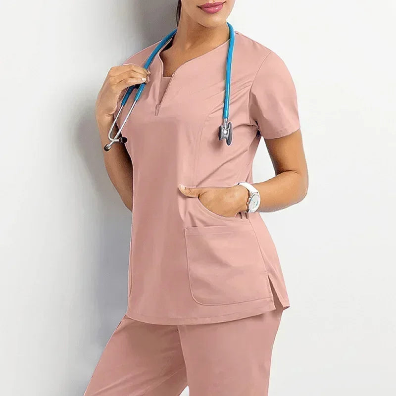 Nurse Women Casual Short Sleeved Apparel Top Pharmacy Working Medical Hospital Doctor Nursing Uniform V-neck Jogger