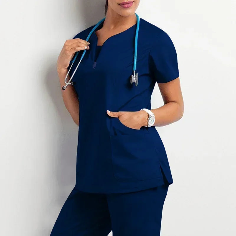 Nurse Women Casual Short Sleeved Apparel Top Pharmacy Working Medical Hospital Doctor Nursing Uniform V-neck Jogger