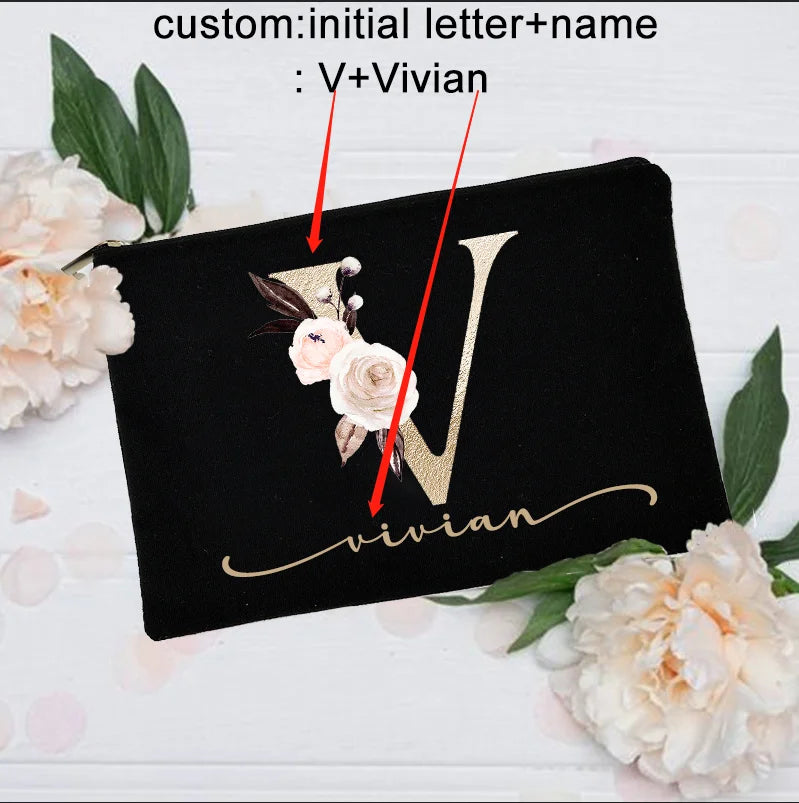 Personalized Custom Initial Name Makeup Bag  Make Up Bags Cosmetic Case Bridal Shower Gift Canvas Toiletry Organizer Bridesmaid