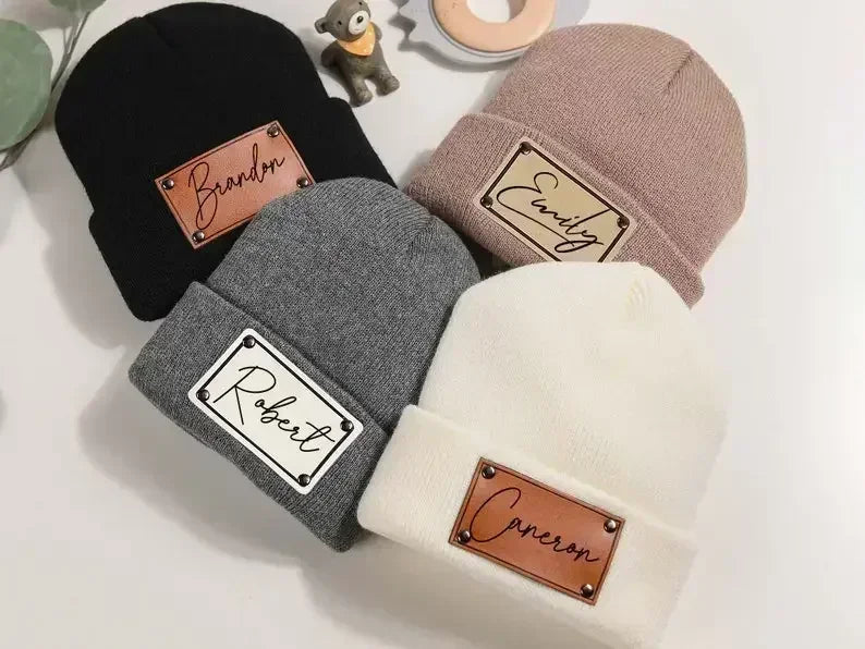 Personalized Newborn Baby Beanies Leather Patch Beanies for Baby  Infant Beanie with Name Kid Knitted Hat Baby Shower Gift