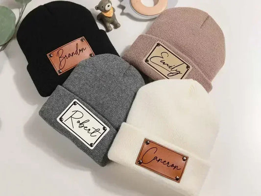 Personalized Newborn Baby Beanies Leather Patch Beanies for Baby  Infant Beanie with Name Kid Knitted Hat Baby Shower Gift