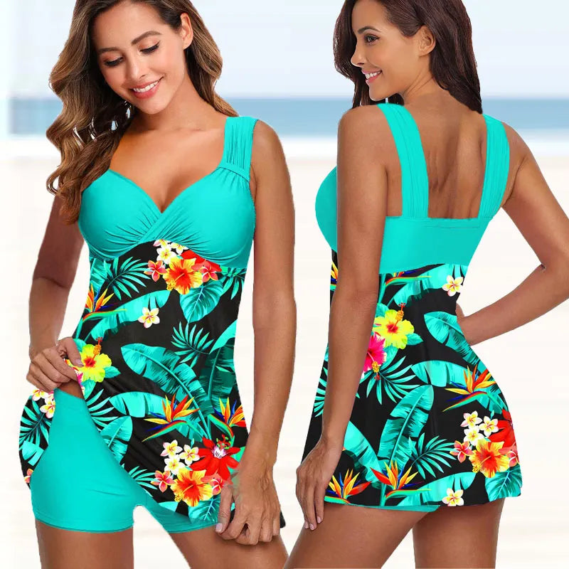 Plus Size Two Pieces Swimsuits Swimwear Women Flower Print Summer Large Bathing Suits Tankini Beachwear Sexy Bikini Swimdress