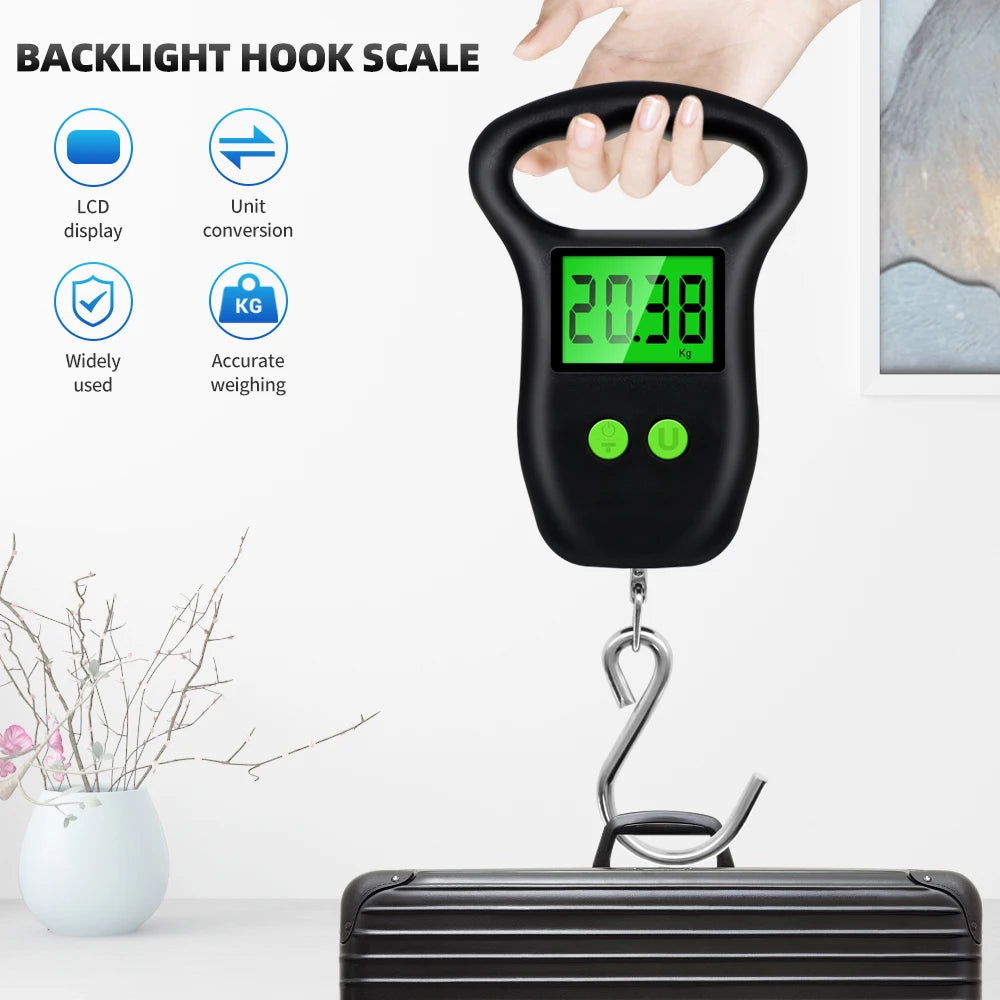 Portable Hand Held Digital Luggage Scale 50Kg 10g Fish Hook Hanging Scale Measuring Tape BackLight LCD Display