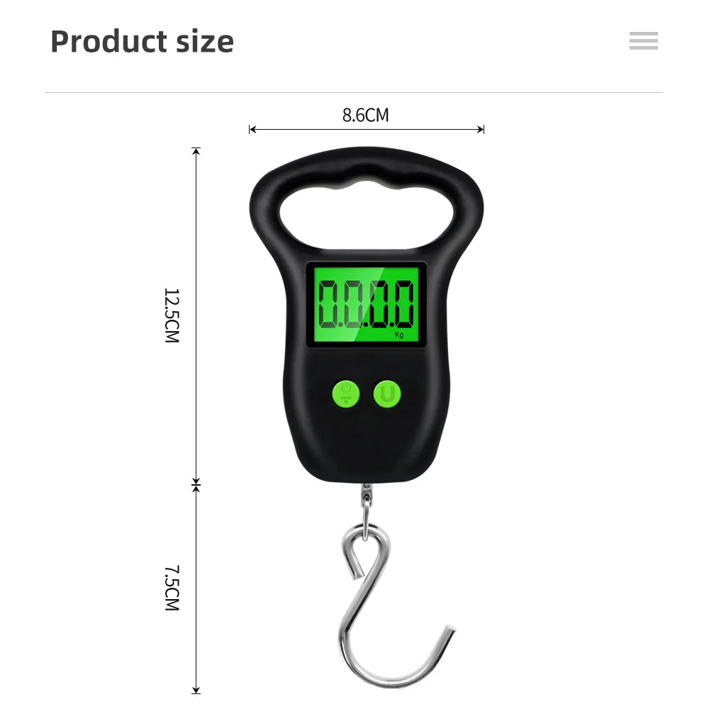 Portable Hand Held Digital Luggage Scale 50Kg 10g Fish Hook Hanging Scale Measuring Tape BackLight LCD Display