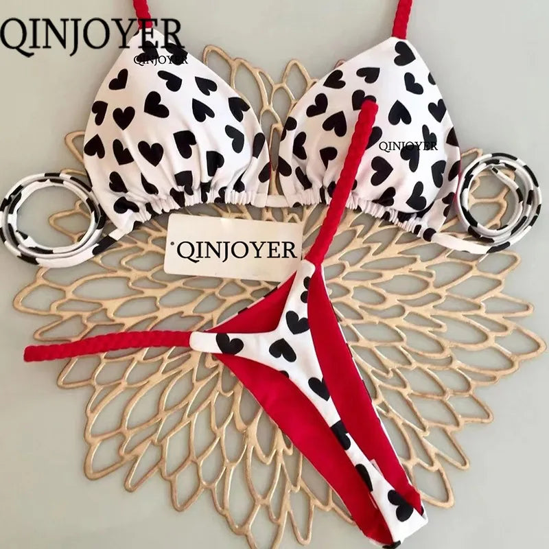 QINJOYER Swimwear Women Cute Heart Print Brazilian Bikini Set Sexy Thong Swimsuit Two Pieces Bathing Suit Women 2023 Beach Wear