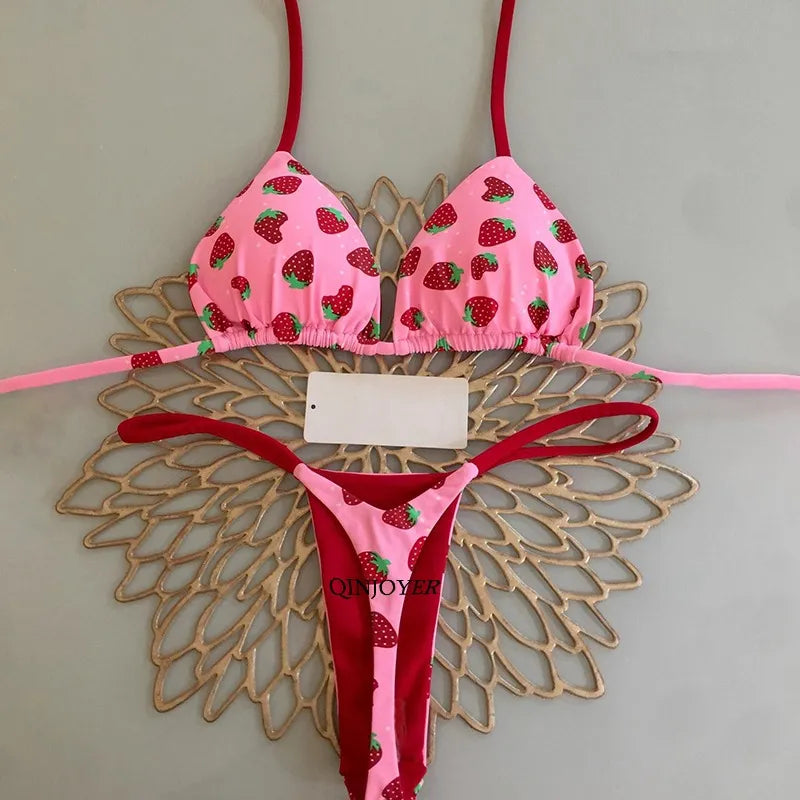 QINJOYER Swimwear Women Cute Heart Print Brazilian Bikini Set Sexy Thong Swimsuit Two Pieces Bathing Suit Women 2023 Beach Wear