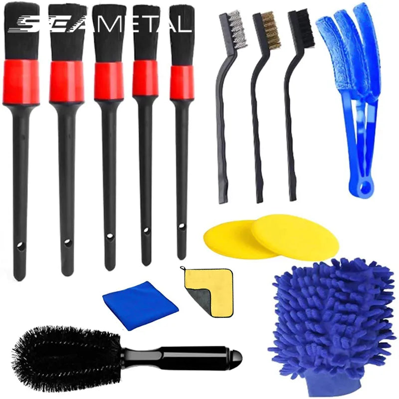 SEAMETAL 15PCS Car Detailing Brush Set Car Cleaning Brushes Sponges Towels for Car Air Vents Rim Cleaning Dirt Dust Clean Tools