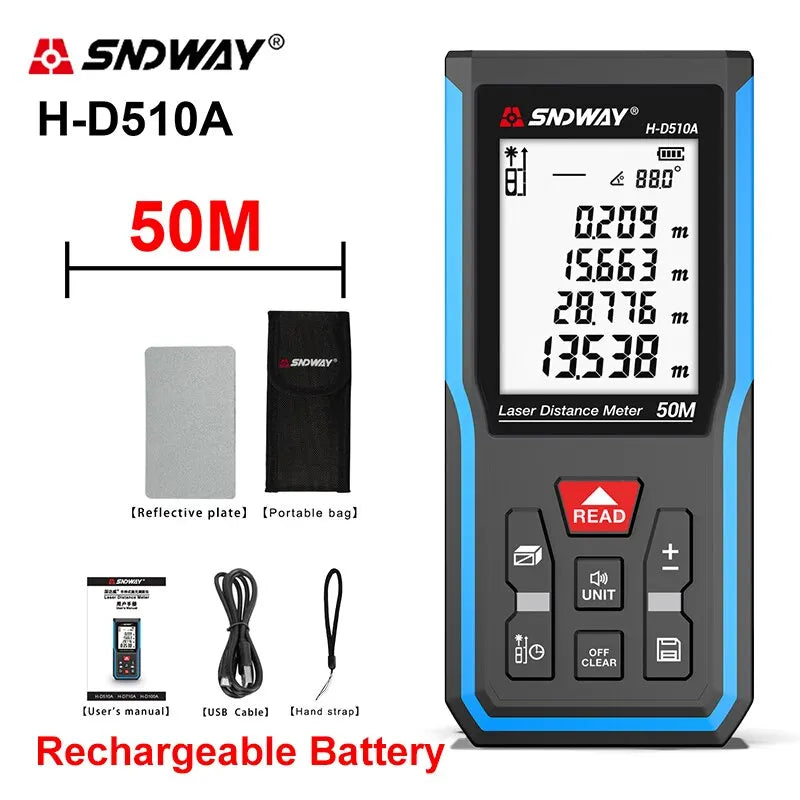 SNDWAY Laser Distance Meter 40M/50M/120M Digital Tape Measure Precision Rangefinder With Distance/Area/Volume/Self-calibration