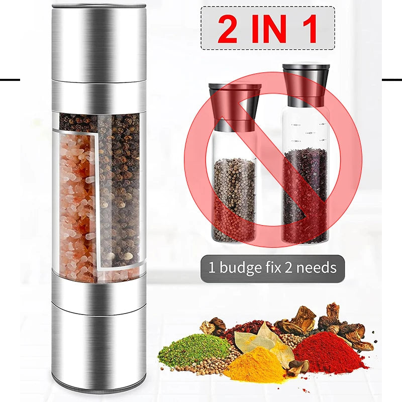 Salt and Pepper Grinder 2 in 1 Manual Stainless Steel Salt Pepper Mills with Adjustable Ceramic Grinding Spice Mill Kitchen Tool