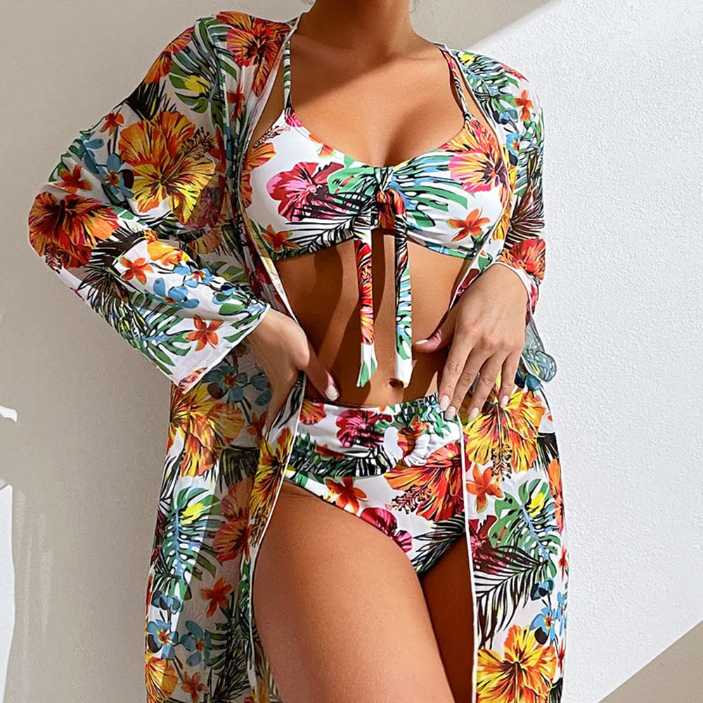 Sexy High Waisted Bikini Three Pieces Floral Printed Swimsuit Women Bikini Set With Mesh Long-Sleeved Blouse Size S-3XL 2023 New