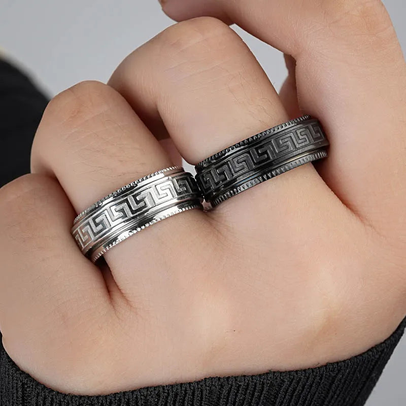 Simple Titanium Steel Couple Rings Decompression Anti-anxiety Rotating Ring for Men Embossed Great Wall Pattern Jewelry Gifts