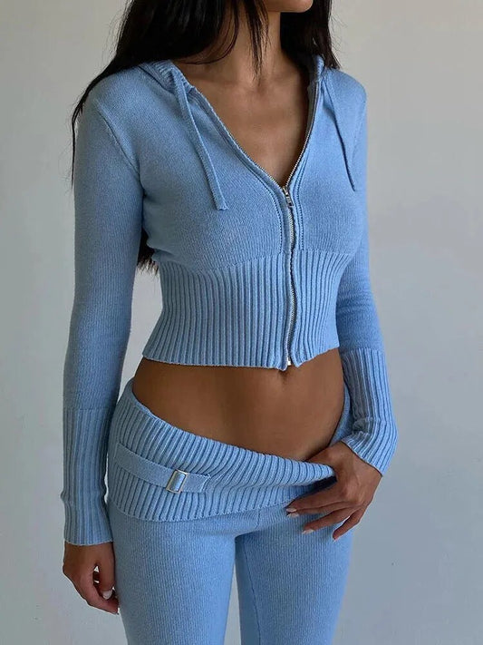 Solid Knitted 2 Piece Sets Women Tracksuit Long Sleeve Zipper Hooded Sweater Jackets Crop Top Flare Pants Stretchy Matching Suit