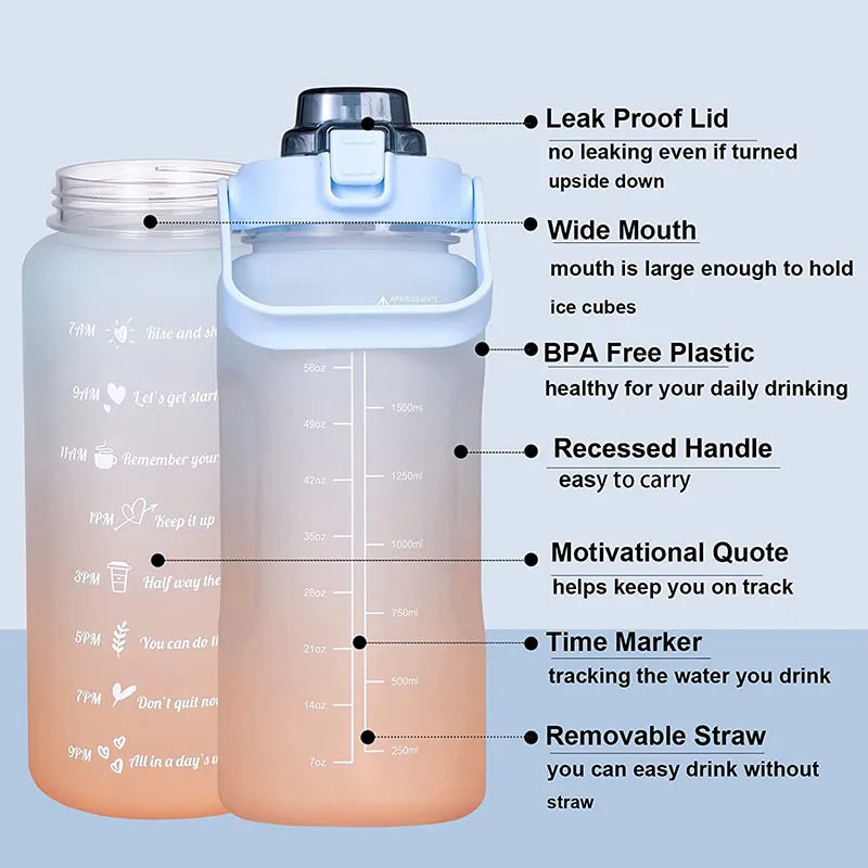 Sports Water Bottle for Running Drinking Bottle 2L Motivational with Time Marker Stickers Portable Reusable Plastic Cups