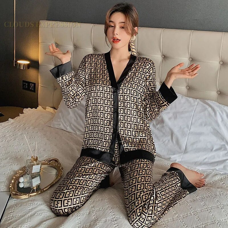 Spring Summer Ladies Faux Silk Polyester Pajama Sets Sexy Homewear Women's Casual Luxury Pajamas Thin Pajamas Female Sleepwear