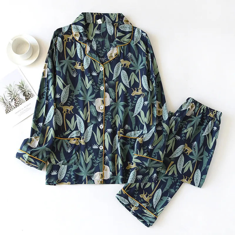 Two-piece Set Women Home Clothes for Spring and Autumn Long-sleeved Viscose Cotton Trouser Suits Women Sleepwear Pajama Set