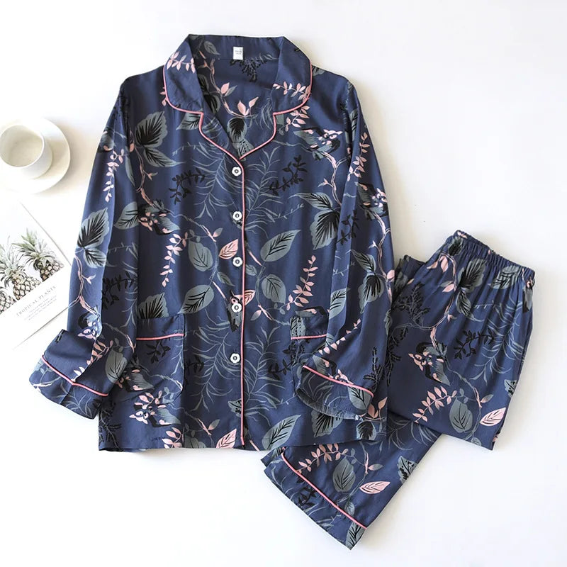 Two-piece Set Women Home Clothes for Spring and Autumn Long-sleeved Viscose Cotton Trouser Suits Women Sleepwear Pajama Set