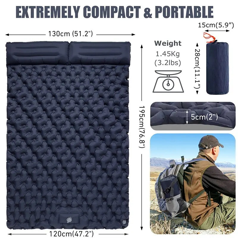 WESTTUNE Double Inflatable Mattress with Built-in Pillow Pump Outdoor Sleeping Pad Camping Air Mat for Travel Backpacking Hiking