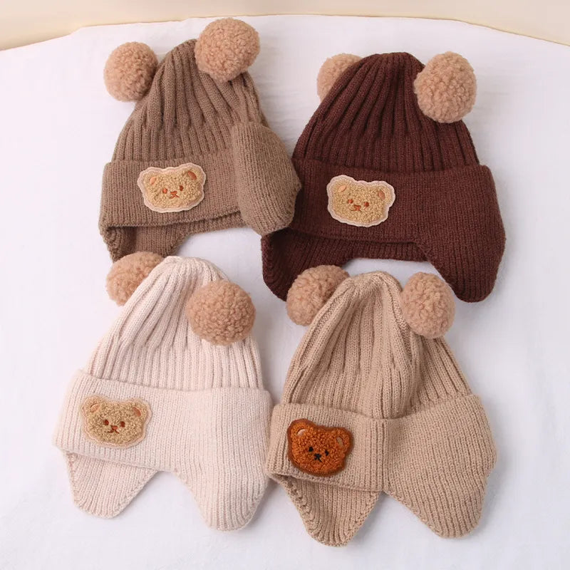 Winter Baby Beanie Cap Cartoon Bear Ear Protection Knitted Hat for Toddler Boys Girls Cute Korean Warm Kids Crochet Hats Gorros