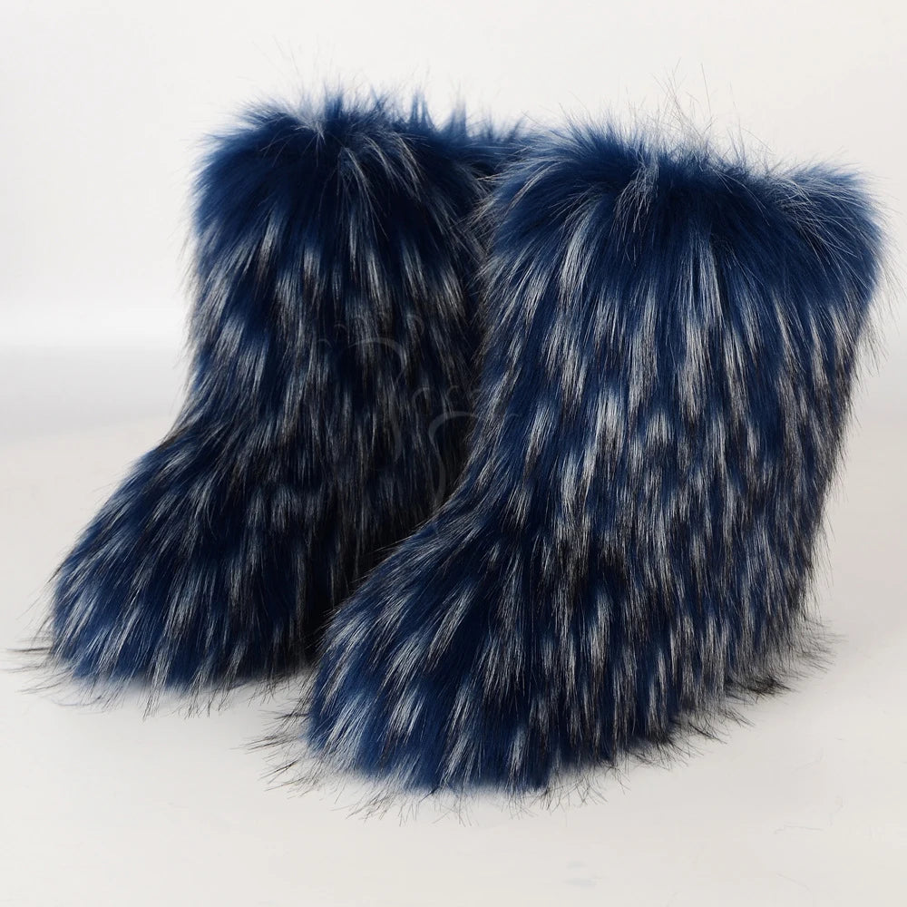 Winter Fuzzy Boots Women Furry Shoes Fluffy Fur Snow Boots Plush lining Slip-on Rubber Flat Outdoor Bowtie Warm Ladies Footwear