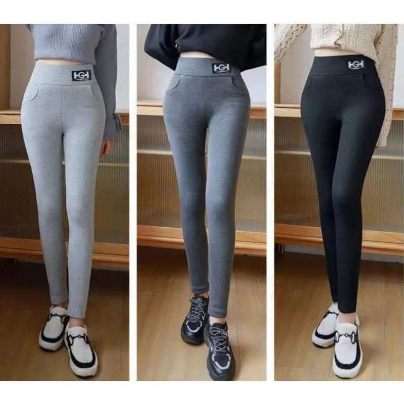 Winter Women Leggings Solid Warm Leggings Thicken Lambwool Hight Waist Fleece Keep Butt Lift High Stretchy Walking Pants Pocket