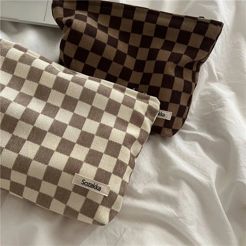 Women Cosmetic Bag Corduroy Plaid Travel Makeup Bag Portable Toiletry Bags Large Capacity Cosmetic Organizer Zipper Beauty Pouch