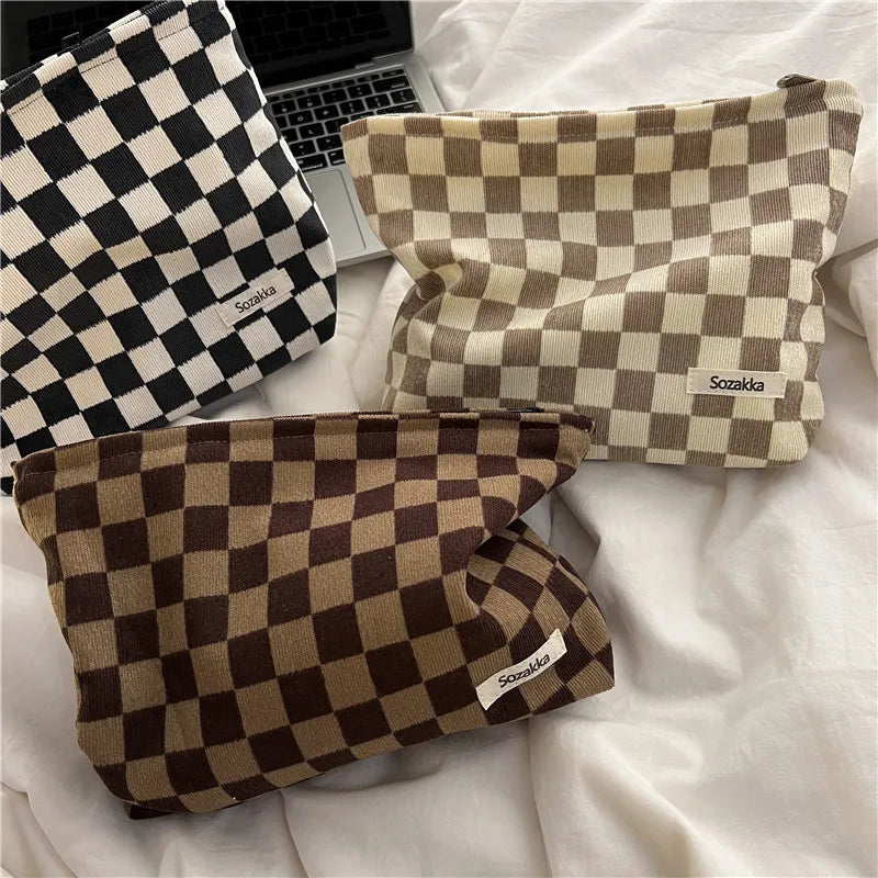 Women Cosmetic Bag Corduroy Plaid Travel Makeup Bag Portable Toiletry Bags Large Capacity Cosmetic Organizer Zipper Beauty Pouch