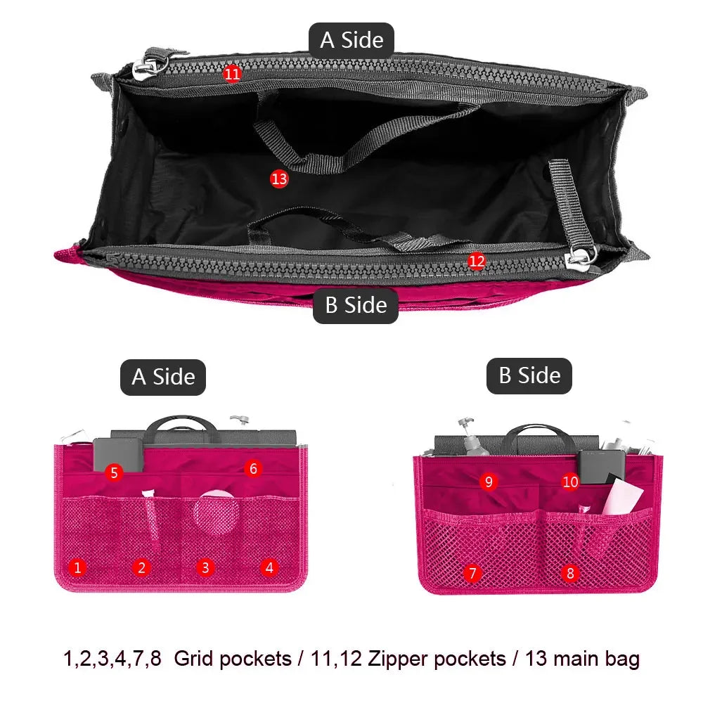 Women Cosmetic Organizer Bag Nylon Travel Insert Organizer Handbag Foldable Large Capacity Insert Bag Liner Makeup Tote