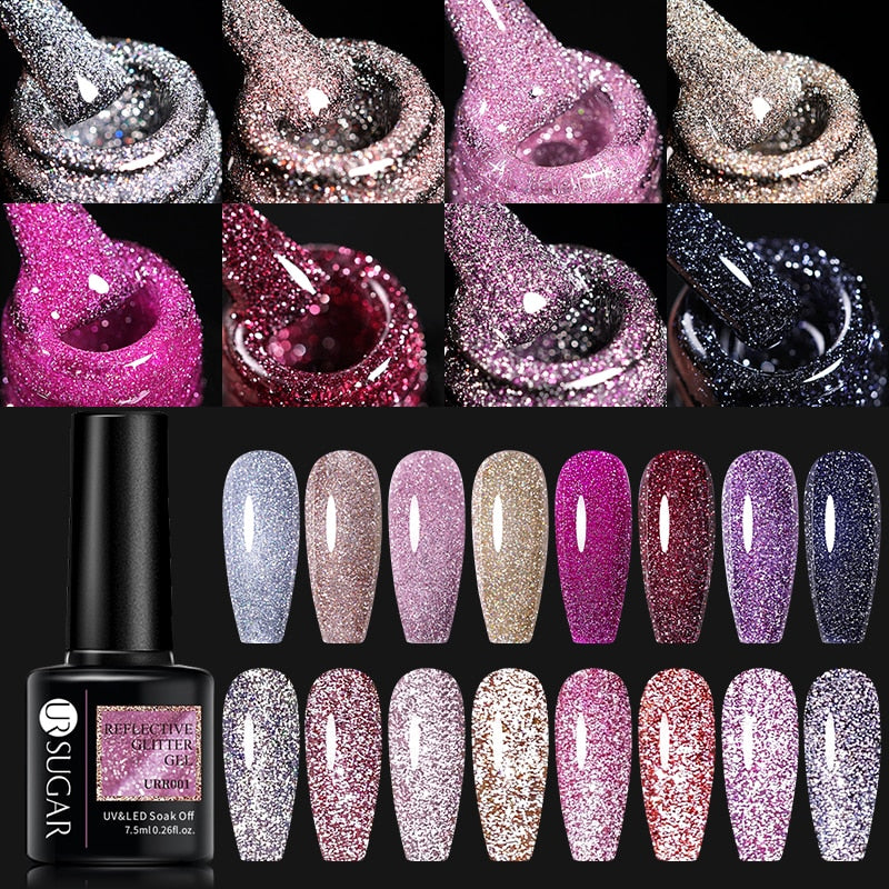 7.5ml UR SUGAR Reflective Glitter Gel Pink Sequins Gel Nail Polish Soak Off UV Nail Gel Semi-permanent Nail Art Decoration