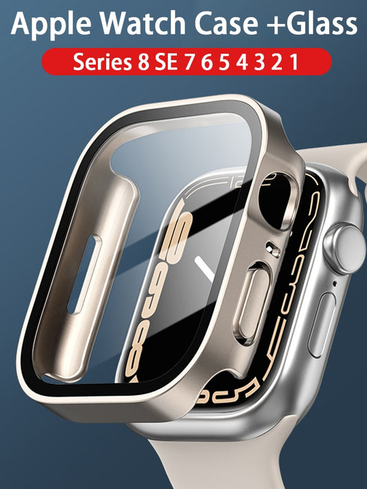 Glass+Case for Apple Watch 8 7 45mm 41mm 44mm 40mm Screen Protector Cover Straight Edge Bumper iWatch Series 4 5 SE Accessories